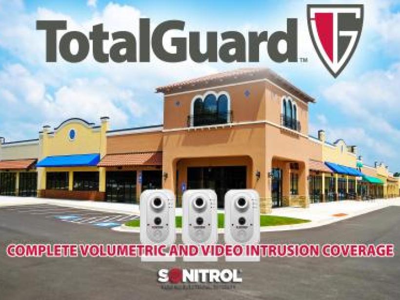 Totalguard Logo and three multisensors in front of strip mall