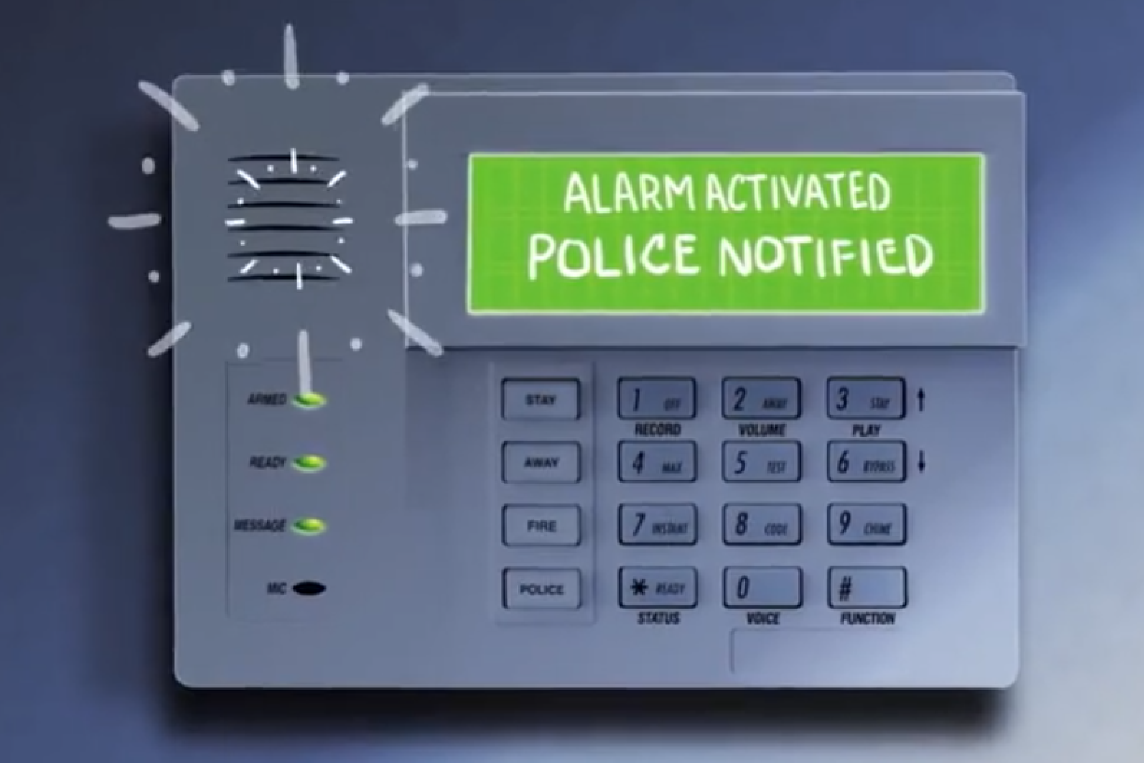 alarm keypad with alarm activated police notified on screen